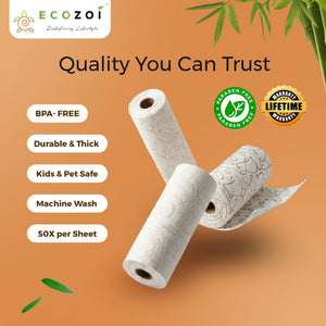 Bamboo Kitchen Paper Towels, Reusable Tree-Free Rolls with Black Design, 4 Pack - Ecozoi