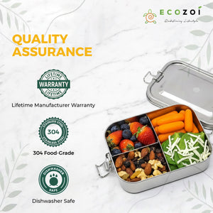 Ecozoi Stainless Steel Bento Lunch Box, 3 Compartment Tiffin Containers, Leakproof, 50 Oz