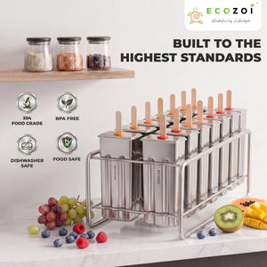 Ecozoi Stainless Steel Popsicle Molds, 14 Piece Set with Standing Rack, 50 Bamboo Sticks, 28 Silicone Seals, Cleaning Brush, 3 Ounce