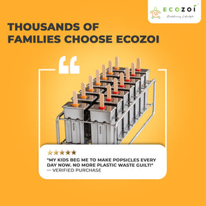 Ecozoi Stainless Steel Popsicle Molds, 14 Piece Set with Standing Rack, 50 Bamboo Sticks, 28 Silicone Seals, Cleaning Brush, 3 Ounce