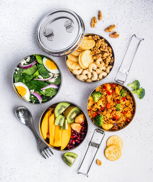 Ecozoi - Eco-friendly, stackable, 4 Tier round stainless steel leak-proof lunch box, 60 oz, red silicone seals, steel spork.