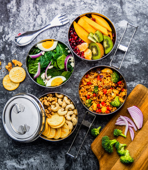Ecozoi - Eco-friendly, stackable, 4 Tier round stainless steel leak-proof lunch box, 60 oz, red silicone seals, steel spork.