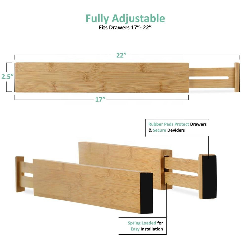 Bamboo Adjustable Stackable Drawer Dividers Organizers Spring Loaded,,  Perfect for Drawer Organization see Dimensions in Details 