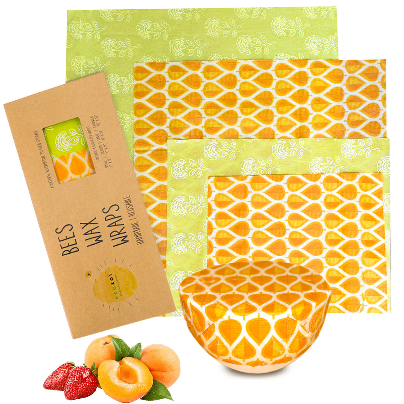 Ecozoi Reusable BeesWax Food Wraps, Assorted 4 Pack for Sandwiches, and Fruit & Veggie Bowls freeshipping - ecozoi
