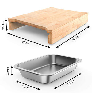 Ecozoi - eco-friendly, large 100% bamboo cutting board with 2 sliding stainless steel organizing trays, water-resistant
