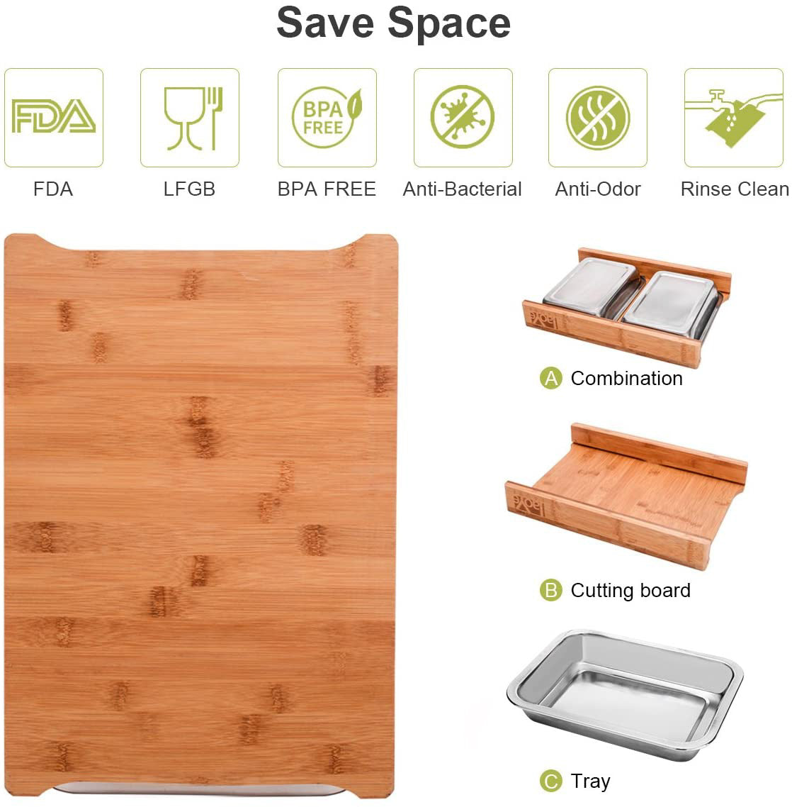 ecozoi Bamboo Cutting Board with 2 Organizing Stainless Steel Trays
