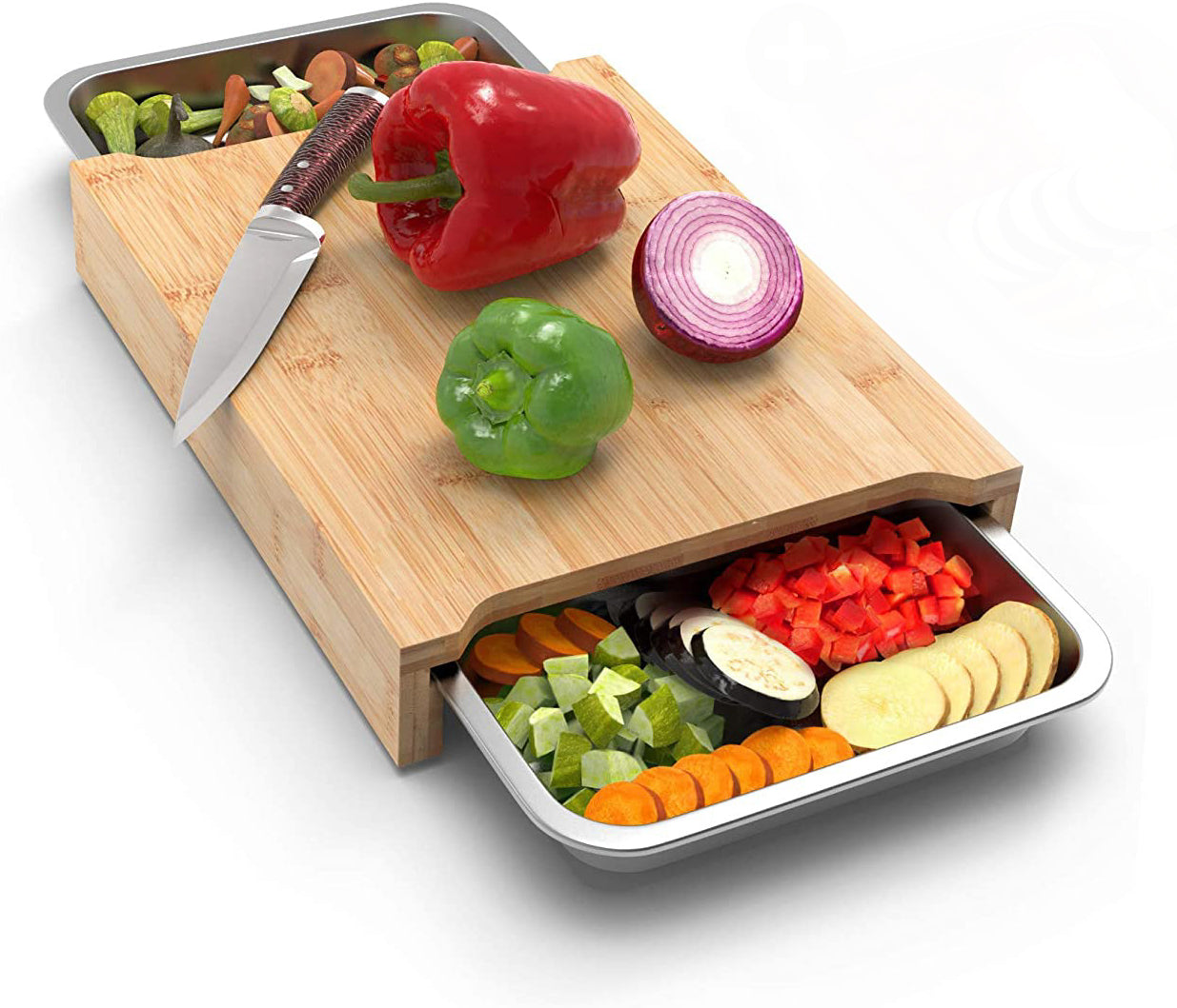 ecozoi Bamboo Cutting Board with 2 Organizing Stainless Steel Trays