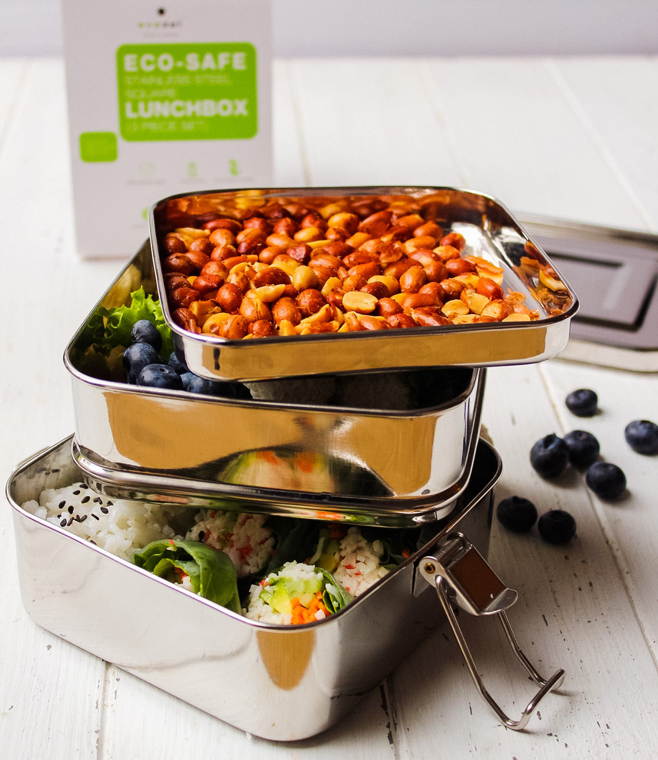 Stainless Steel Eco Lunch Box, 2 Tier Square with Additional Tray, 40 Oz or 1200 ml freeshipping - ecozoi