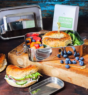 Ecozoi - Eco-friendly, Extra-long 1-tier stainless steel leak-proof lunch box, red silicone seal, 50 oz, removable divider.