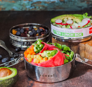 Ecozoi - Eco-friendly, stackable, 3 Tier stainless steel leak-proof lunch box, 40 oz, red silicone seals, nested spork.