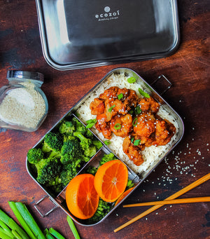 Ecozoi - Eco-friendly, long 3-compartment stainless steel leak-proof lunch box, red silicone seal, 50 oz, dishwasher safe.