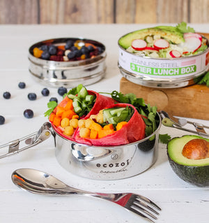 Ecozoi - Eco-friendly, stackable, 3 Tier stainless steel leak-proof lunch box, 40 oz, red silicone seals, nested spork.