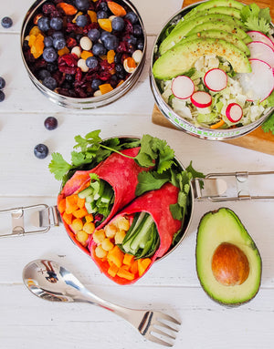 Ecozoi - Eco-friendly, stackable, 3 Tier stainless steel leak-proof lunch box, 40 oz, red silicone seals, nested spork.