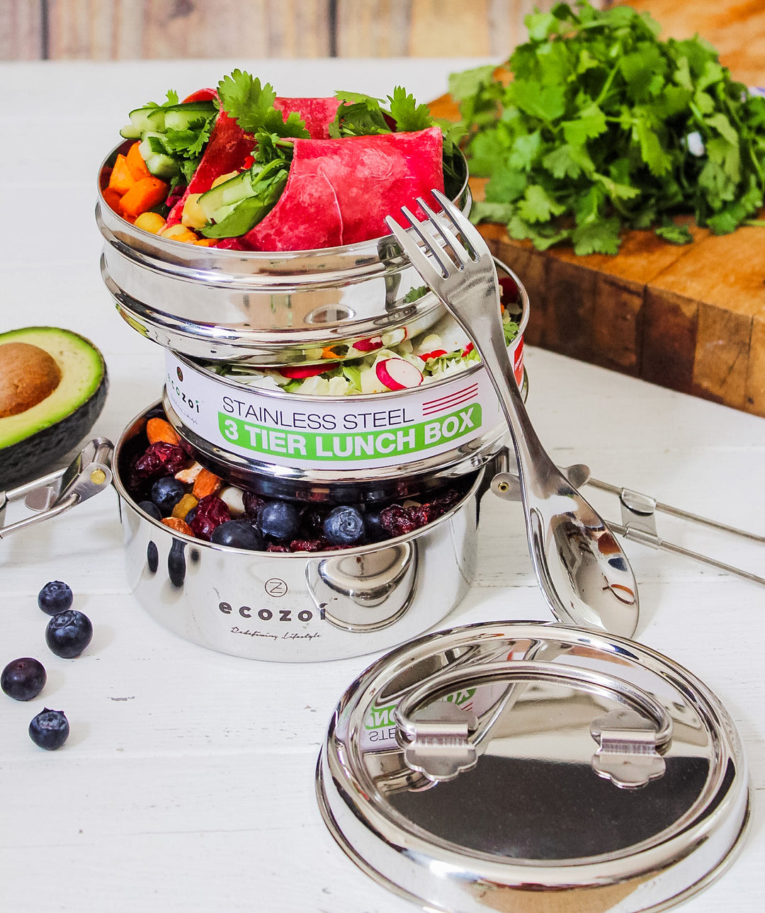 Buy Stainless Steel 3-Tier Lunch Box Tiffin with Spork - 40 Oz