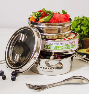 Ecozoi - Eco-friendly, stackable, 3 Tier stainless steel leak-proof lunch box, 40 oz, red silicone seals, nested spork.