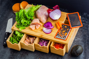 Ecozoi - eco-friendly, 100% Bamboo cutting board with four organizing drawers & two metal graters, 15.75” x 10” x 3.75” area