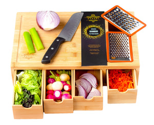 Ecozoi - eco-friendly, 100% Bamboo cutting board with four organizing drawers & two metal graters, 15.75” x 10” x 3.75” area