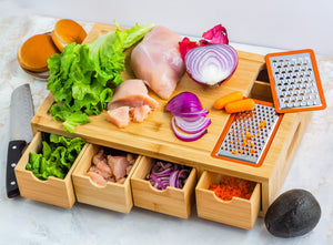 Ecozoi - eco-friendly, 100% Bamboo cutting board with four organizing drawers & two metal graters, 15.75” x 10” x 3.75” area