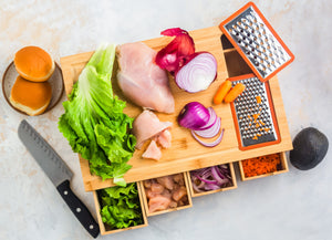 Ecozoi - eco-friendly, 100% Bamboo cutting board with four organizing drawers & two metal graters, 15.75” x 10” x 3.75” area