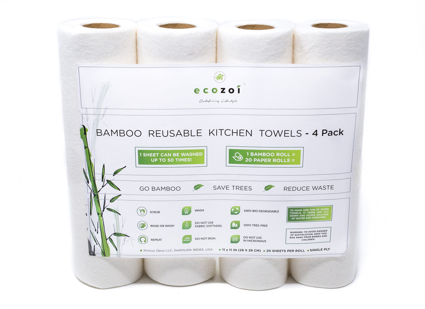 Bamboo kitchen Paper Towels, Reusable Tree-Free Paper Towels, 4 Pack freeshipping - ecozoi