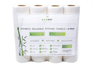 Ecozoi - Eco-friendly, 4-pack reusable 100% Organic bamboo kitchen paper rolls, rolled & stacked, tree-free, 11” x 11” size