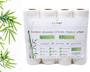 Ecozoi - Eco-friendly, 4-pack reusable 100% Organic bamboo kitchen paper rolls, rolled & stacked, tree-free, 11” x 11” size