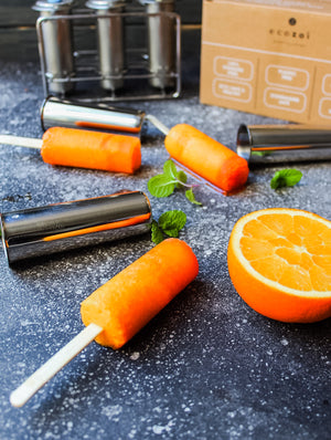 Ecozoi - Eco-friendly, Set of 6 Round Stainless Steel Popsicle Molds, 6 Reusable Bamboo sticks, 6 silicone lids, BPA-free