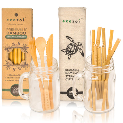 Ecozoi Organic Bamboo Straws and Bamboo Cutlery Utensils Set with BONUS Travel bag freeshipping - ecozoi