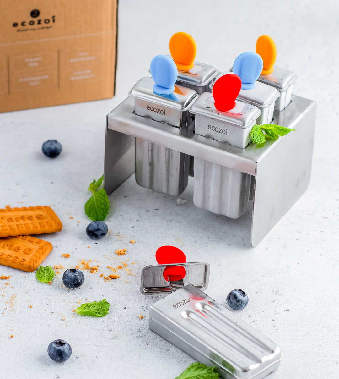 6-Pack Stainless Steel Popsicle Molds Kit - Includes 50 Sticks, 20 Bags, Brush, Square Shape, BPA-Free