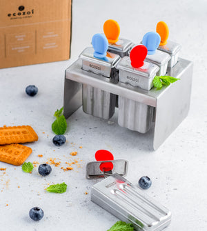 Ecozoi - Eco-friendly, 6 Mini Square Stainless Steel Popsicle Molds, 6 Reusable Stainless Steel Sticks, 6 Silicone Gaskets