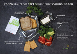 Ecozoi - Eco-friendly Leak-proof stainless steel 2-tier bento lunch box, 60 oz, silicone seal & bonus sauce pod, Stackable