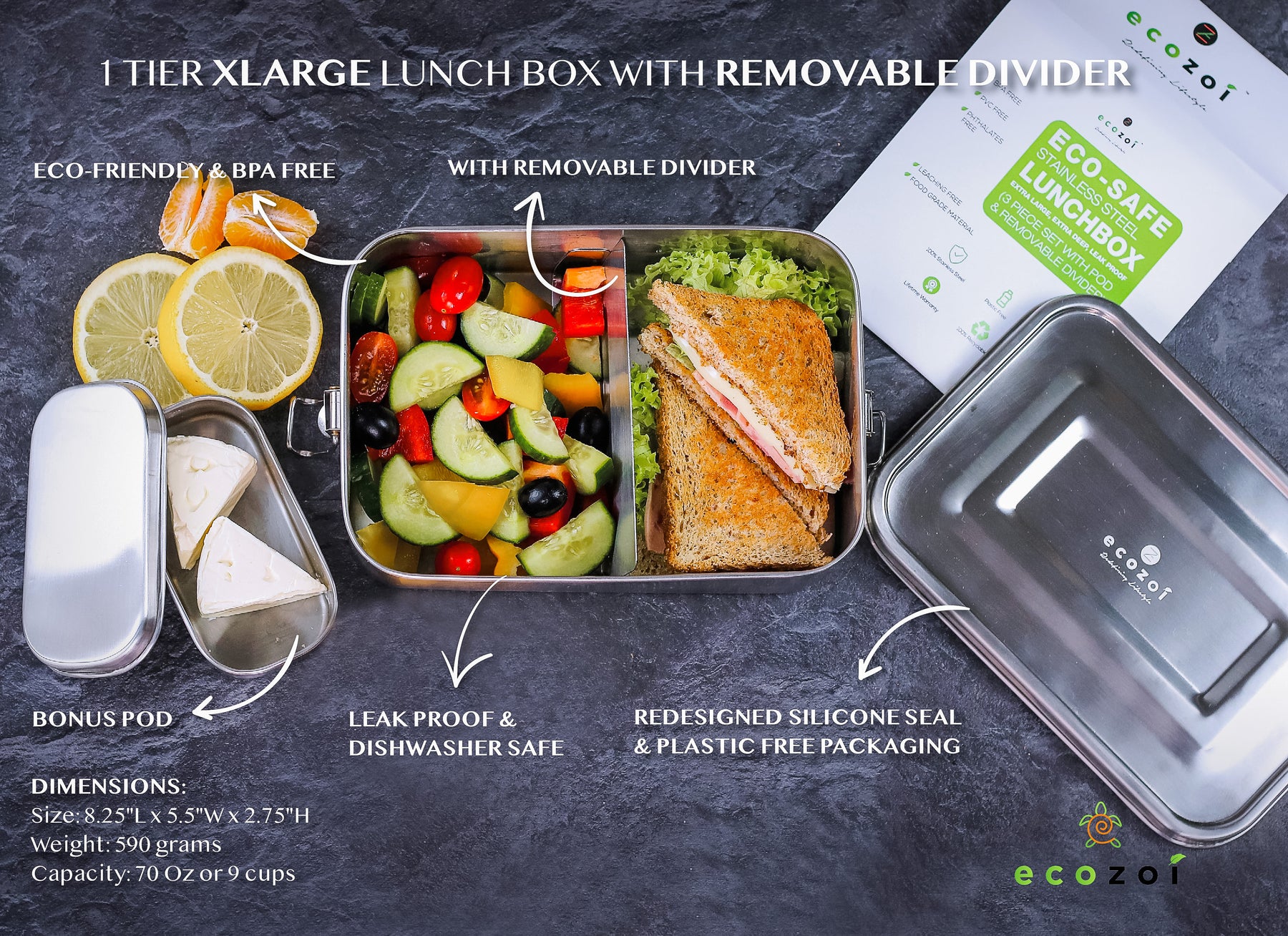 Stainless Steel Lunch Box, 3 Compartment Snap-On, 50 oz by ecozoi