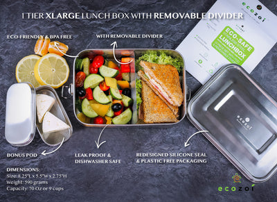 Stainless Steel Eco Lunch Box with Removable Divider, Leak Proof, 1 Tier with 1 Mini Sauce Container, XL 70 Oz or 2100 ml freeshipping - ecozoi