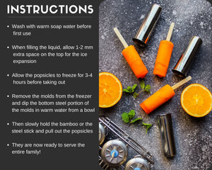 Ecozoi - Eco-friendly, 6 Mini Round Stainless Steel Popsicle Molds, 6 Reusable Bamboo Sticks, 6 Silicone Gaskets, BPA-free