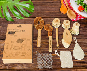 Ecozoi - Eco-friendly, 9-piece 100% plant-based dish brush set, Bamboo Wood, Sisal Plant Fibers, Coconut Coir, Cotton Twine