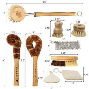 Ecozoi - Eco-friendly, 9-piece 100% plant-based dish brush set, Bamboo Wood, Sisal Plant Fibers, Coconut Coir, Cotton Twine