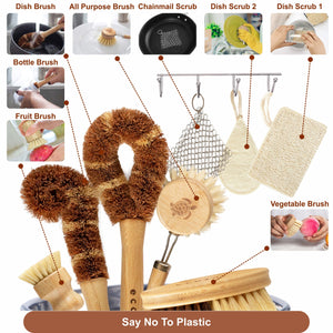 Ecozoi - Eco-friendly, 9-piece 100% plant-based dish brush set, Bamboo Wood, Sisal Plant Fibers, Coconut Coir, Cotton Twine