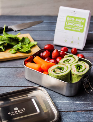 Ecozoi - Eco-friendly, 3-compartment stainless steel leak-proof lunch box, red silicone seal, 24 oz, dishwasher safe.