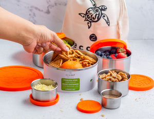 Ecozoi - Eco-friendly, Stainless steel 6-piece lunch container set, leak-proof silicone lids, 78 oz, dishwasher safe.