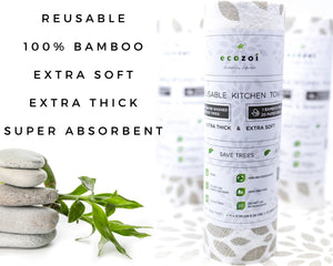 Ecozoi - Eco-friendly, 4 packs reusable bamboo kitchen paper towel rolls, tree-free & washable, 11” x 11” size