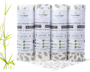 Ecozoi - Eco-friendly, 4 packs reusable bamboo kitchen paper towel rolls, tree-free & washable, 11” x 11” size