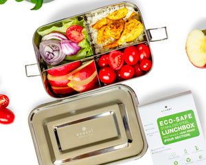 Ecozoi - Eco-friendly, 4-compartment stainless steel leak-proof lunch box, red silicone seal, 50 oz, dishwasher safe.