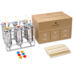 Ecozoi - Eco-friendly, Set of 6 Round Stainless Steel Popsicle Molds, 6 Reusable Bamboo sticks, 6 silicone lids, BPA-free