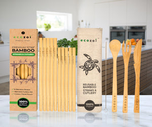 Ecozoi Organic Bamboo Straws and Bamboo Cutlery Utensils Set with BONUS Travel bag freeshipping - ecozoi