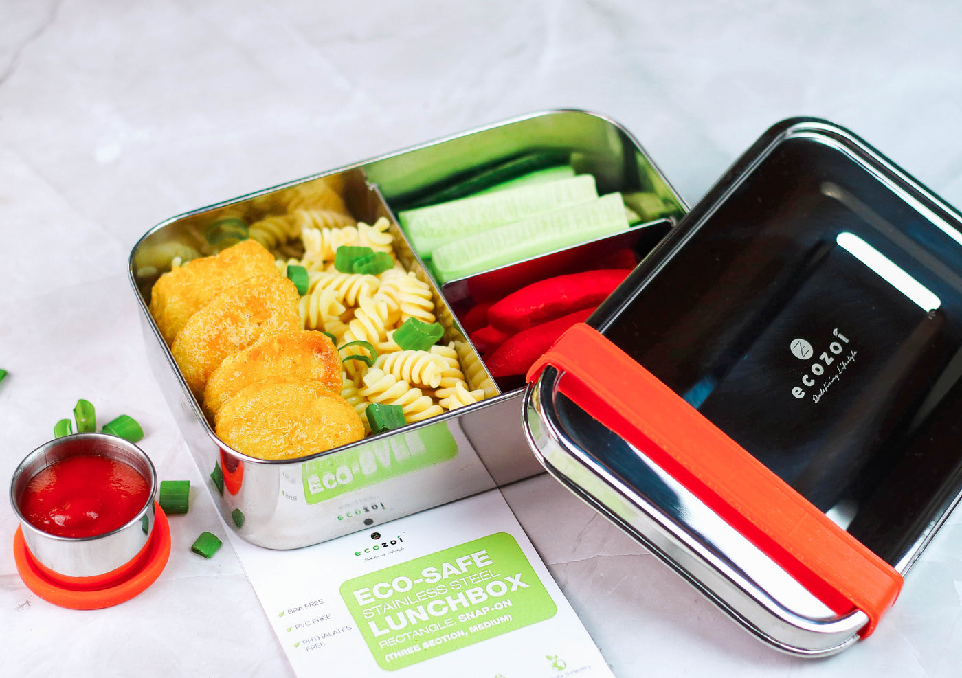 STAINLESS STEEL LUNCH BOX, 3 COMPARTMENT MICROWAVABLE, 50 OZ