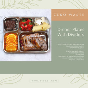 Ecozoi - Eco-friendly, 2 Pack stainless-steel dinner plates with 5 divided compartments each, reusable, Dishwasher-safe