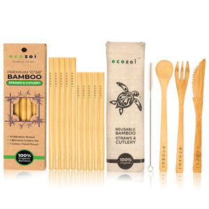 Ecozoi Organic Bamboo Straws and Bamboo Cutlery Utensils Set with BONUS Travel bag freeshipping - ecozoi