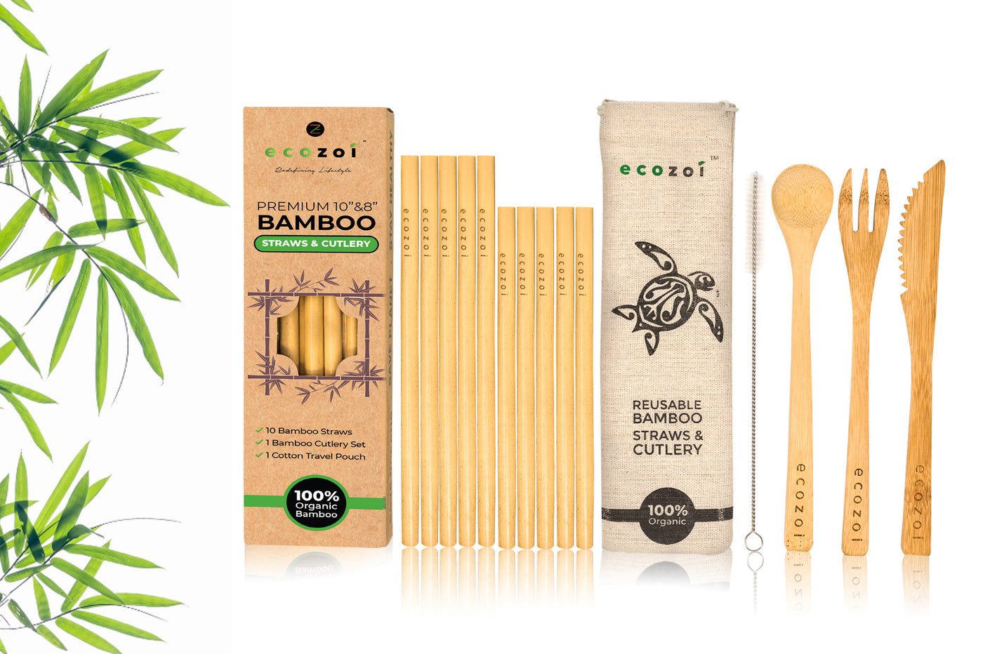 Ecozoi Organic Bamboo Straws and Bamboo Cutlery Utensils Set with BONUS Travel bag freeshipping - ecozoi