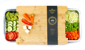 Ecozoi - eco-friendly, large 100% bamboo cutting board with 2 sliding stainless steel organizing trays, water-resistant