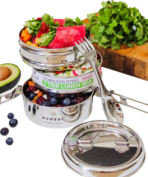 Ecozoi - Eco-friendly, stackable, 3 Tier stainless steel leak-proof lunch box, 40 oz, red silicone seals, nested spork.